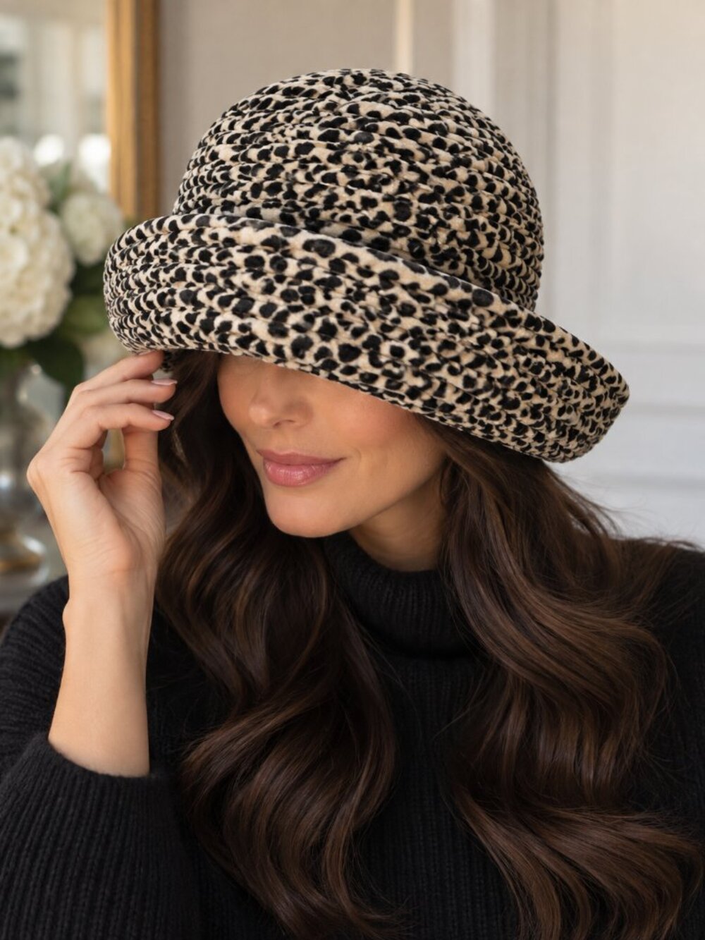 BETMAR Leopard Print Velour Ruched Brim Hat